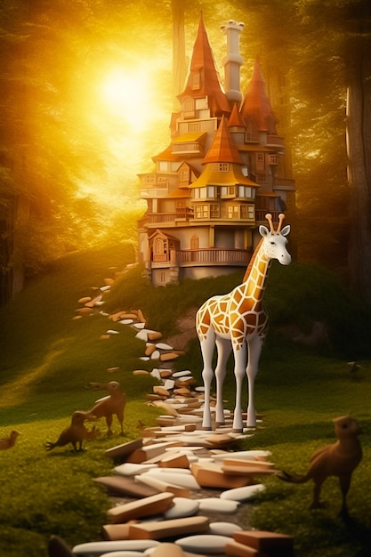 Girafa cercada de livros em um fundo de país das maravilhas Estilo de desenho animado gerado por Ai
