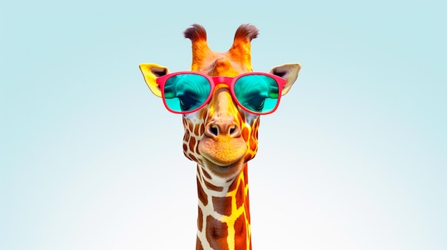 Girafa colorida de desenho animado com óculos de sol em fundo branco Ilustração generativa de IA
