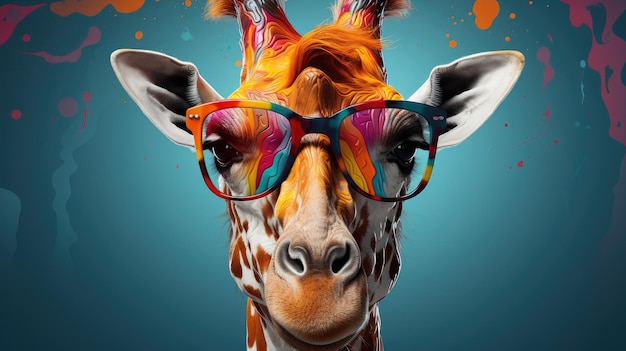 Girafa colorida dos desenhos animados com óculos de sol no fundo branco