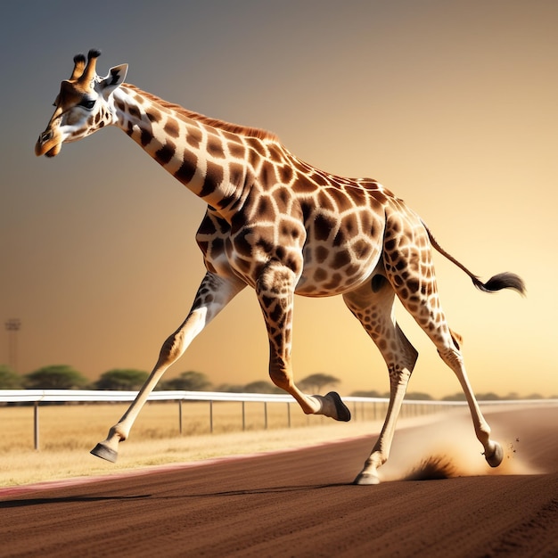 Foto girafa correndo na pista de fundo natureza do deserto vida selvagem e neve