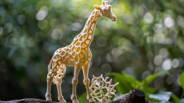 Girafa de brinquedo em cima de um galho de árvore