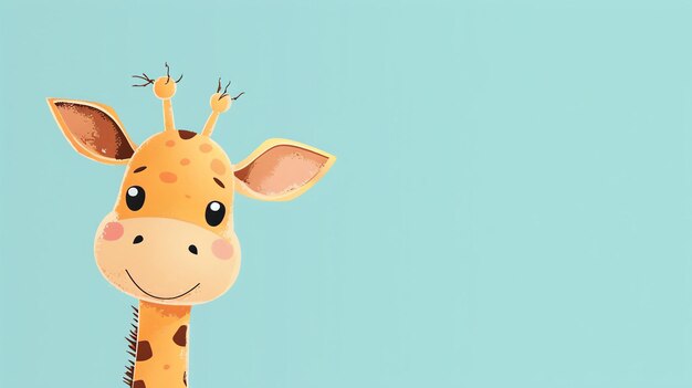 Foto girafa de desenho animado bonita em fundo azul a girafa tem uma expressão amigável em seu rosto e está olhando para o espectador