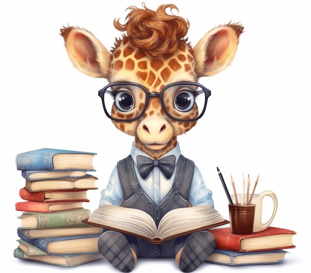 girafa de desenho animado usando óculos e lendo um livro com uma xícara de café IA generativa