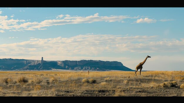 Girafa de pé no campo com montanhas ao fundo