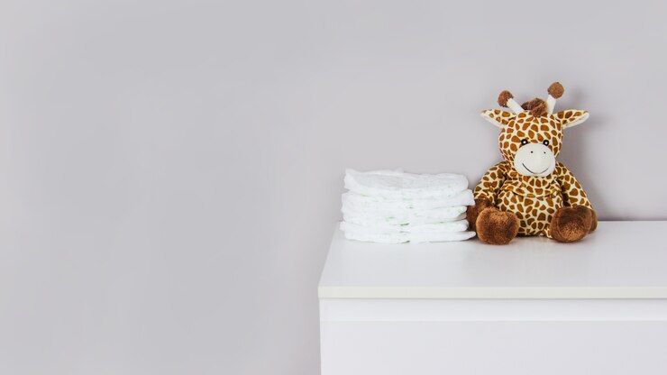 Girafa de pelúcia infantil e fraldas de bebê
