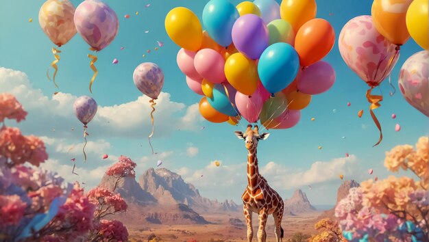 Una girafa de dibujos animados con globos