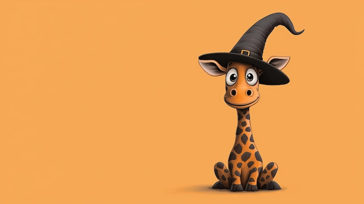 Una girafa de dibujos animados con un sombrero de bruja en un fondo naranja