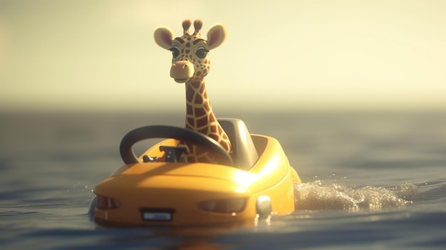 Girafa dos desenhos animados em um jetski no mar de fundo Generative Ai