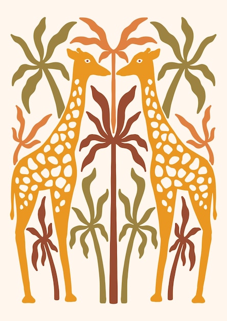 Girafa e palmeira Ilustração vetorial desenhada à mão em estilo vintage