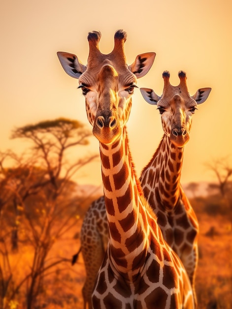 Girafa em seu habitat natural, fotografia da vida selvagem: Uma graciosa girafa pasta na ensolarada savana africana, com seu pescoço longo e padrão manchado se destacando na paisagem selvagem.