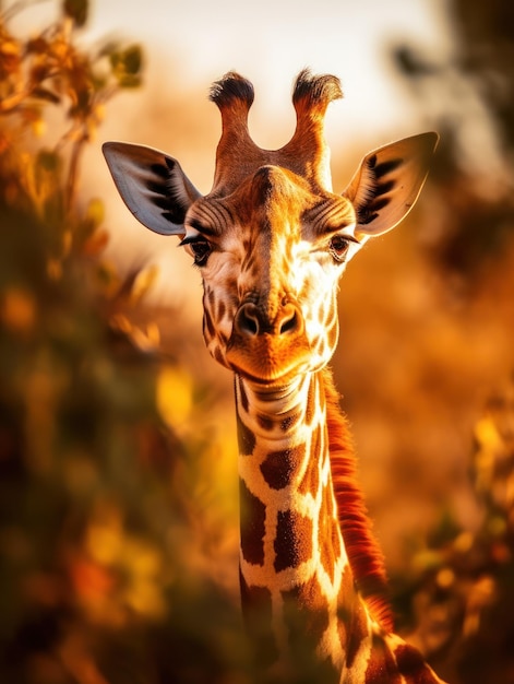 Girafa em seu habitat natural, fotografia da vida selvagem: Uma graciosa girafa pasta na ensolarada savana africana, com seu pescoço longo e padrão manchado se destacando na paisagem selvagem.