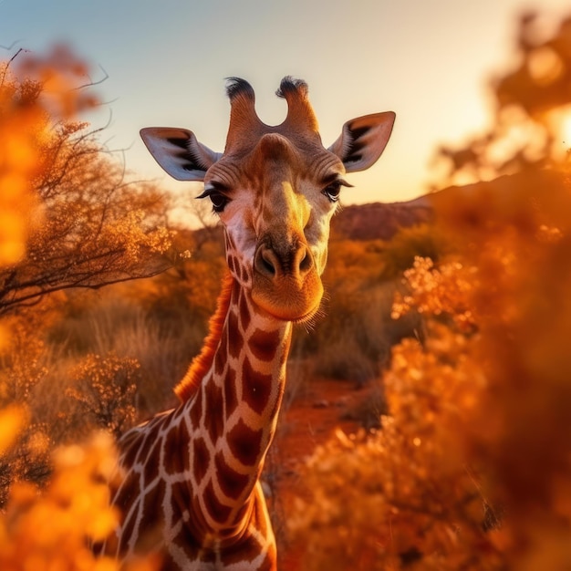 Girafa em seu habitat natural, fotografia da vida selvagem: Uma graciosa girafa pasta na ensolarada savana africana, com seu pescoço longo e padrão manchado se destacando na paisagem selvagem.