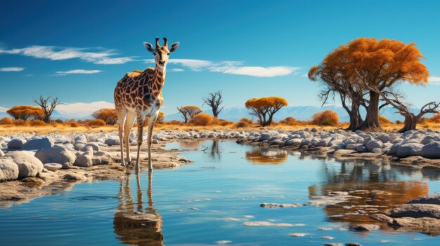 Girafa em um poço de água no Parque Nacional de Etosha, Namíbia