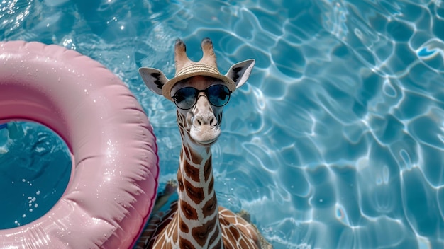 Girafa em uma piscina com óculos de sol e anel de natação rosa desfrutando de um dia ensolarado na água fresca