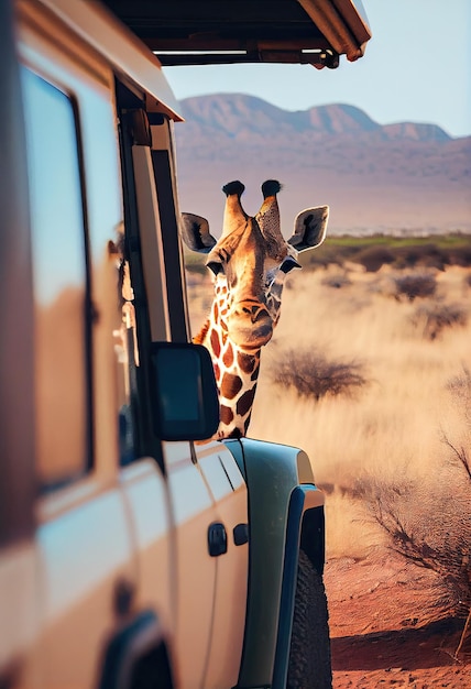 Girafa enfiando a cabeça em uma IA generativa ao ar livre
