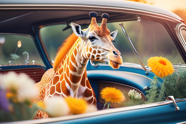 Girafa engraçada espiando de um carro cheio de flores AI