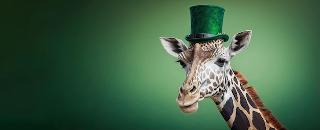 Girafa engraçada usando chapéu verde comemorando o dia de são patrício em um fundo desfocado ia generativa