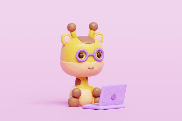 Girafa fofa 3D trabalhando no laptop Personagem animal de desenho animado renderização em 3D