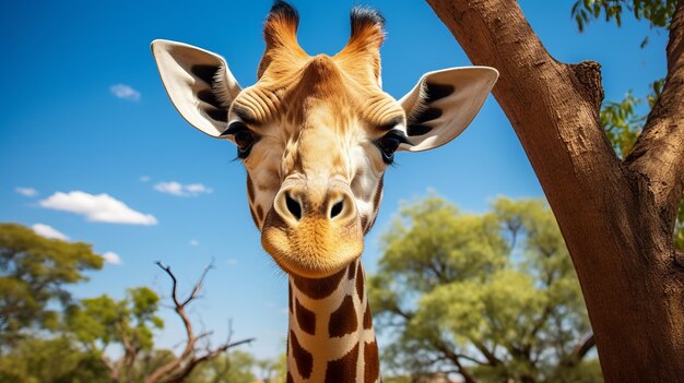 Girafa fofa olhando para a beleza da natureza da câmera na África