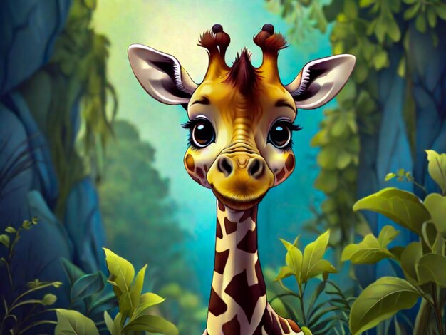 Girafa fofa olhando para a câmera natureza adorável desenho animado azul