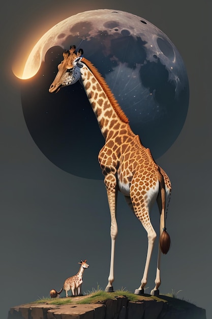 Girafa fundo de papel de parede de vida selvagem ilustração de fotografia HD sob a lua à noite