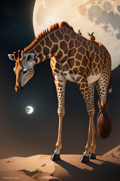 Girafa fundo de papel de parede de vida selvagem ilustração de fotografia HD sob a lua à noite
