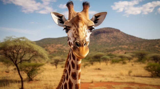 Girafa linda mirando la belleza de la naturaleza de la cámara en África