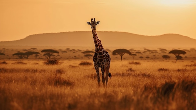 Girafa na savana ao pôr do sol Quênia Africagenerative ai