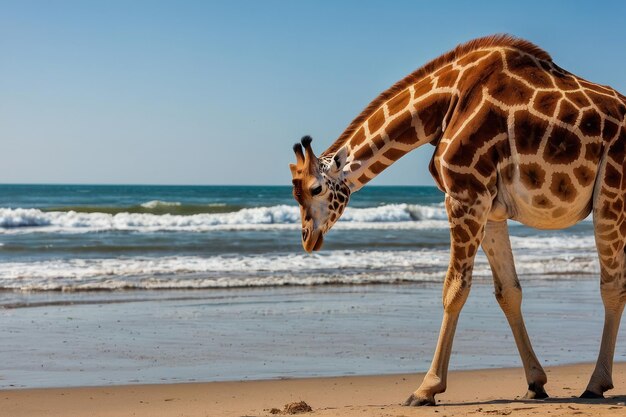 Foto girafa passeando por uma praia ensolarada