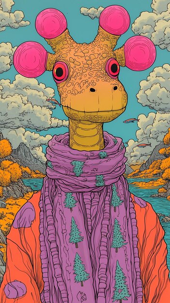 Girafa psicodélica con protuberancias rosadas y bufanda