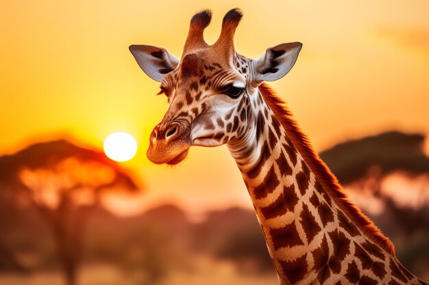 La girafa serena de atardecer dorado vaga con gracia por la vasta sabana africana entre la diversidad de la vida silvestre