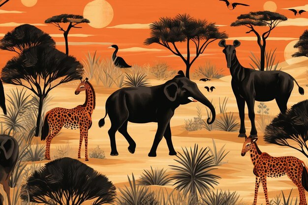 Girafas e girafas em uma savana com árvores e arbustos.