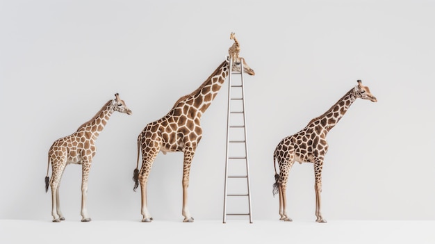 Girafas em linha com uma em uma escada contra um fundo branco