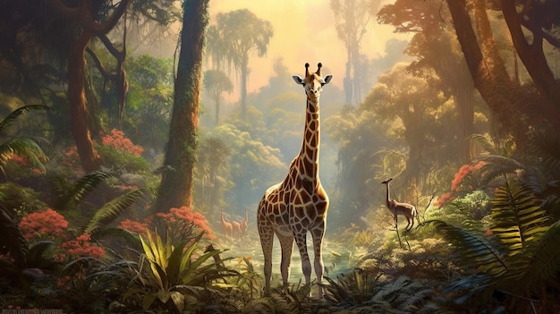 Foto girafas en la jungla con un atardecer de fondo