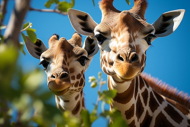 Girafas en medio del verde con IA generativa del cielo azul