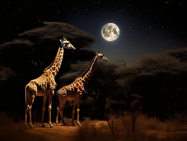 Girafas paseando por la sabana bajo la luna de agosto