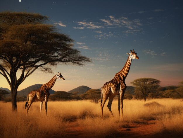 Girafas passeando pela savana sob a lua de agosto