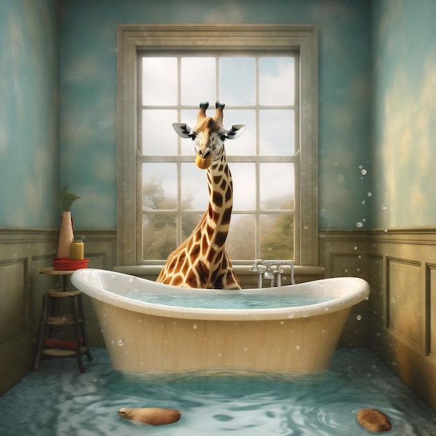 Giraffe badet in einer Badewanne. Generative KI