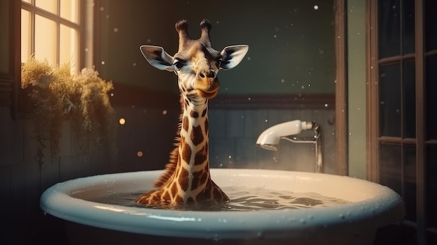 Giraffe, die ein Bad in einer Badewanne mit Schaumkonzept der Tierhygiene nimmt