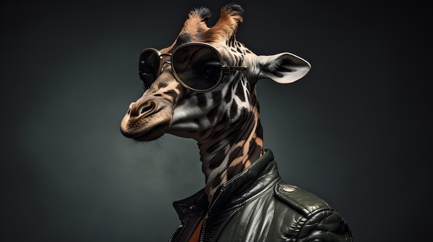 Giraffe, die eine Lederjacke und eine Sonnenbrille trägt