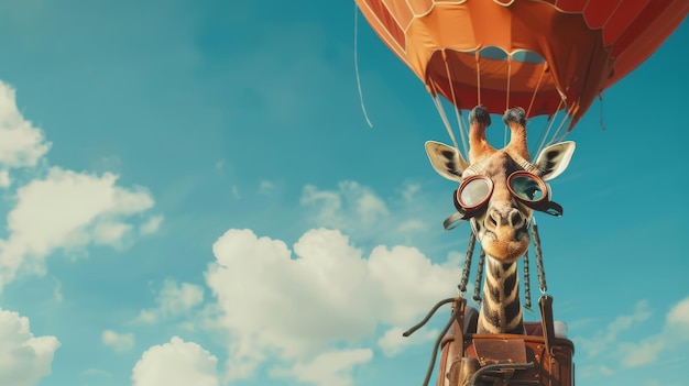 Giraffe fliegt in einem Heißluftballon mit Brille