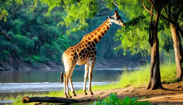 Giraffe frisst Gras im Wald