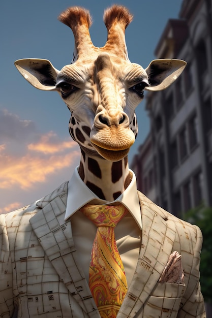 Giraffe, gekleidet in einem eleganten modernen Anzug mit einer schönen Krawatte, modisches Porträt eines anthropomorphen