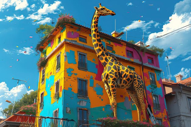 Foto giraffe haus maler mit einem langen hals, der hohe wände erreicht, der geschickt lebendige farben auf eine haus-cartoon-anime-manga-karikatur malt