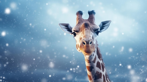 Giraffe im Winter Porträt einer majestätischen Giraffe Schöne Giraffe auf einem unscharfen Hintergrund mit Kopierraum Generative KI