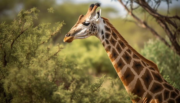 Giraffe in der Natur Afrikas Schönheits-Wildtierreservat hoch stehend, erzeugt durch künstliche Intelligenz