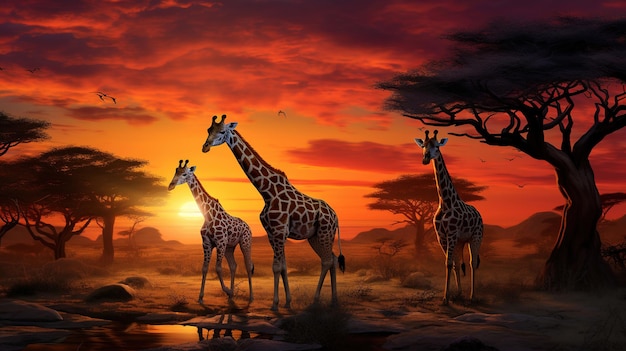 Giraffe in der Savanne mit generativer KI bei Sonnenuntergang