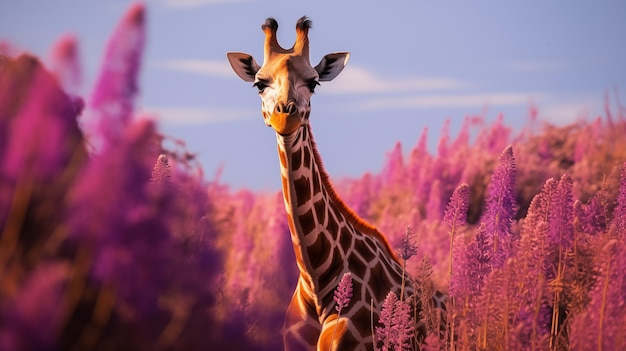 Foto giraffe in einem lavendelfeld tapeten