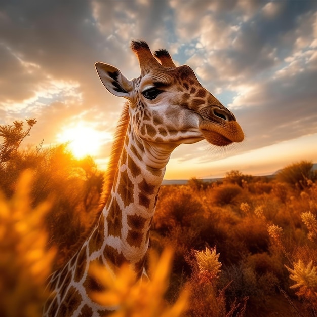 Giraffe in ihrem natürlichen Lebensraum, Tierfotografie: Eine anmutige Giraffe grast in der sonnenverwöhnten afrikanischen Savanne, ihr langer Hals und ihr geflecktes Muster stechen in der wilden Landschaft hervor.