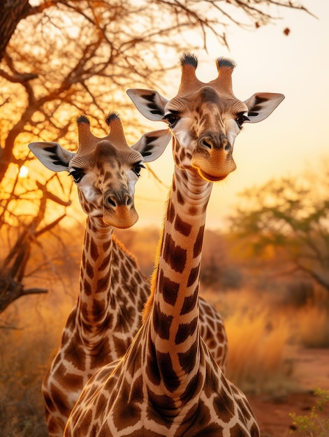 Giraffe in ihrem natürlichen Lebensraum, Tierfotografie: Eine anmutige Giraffe grast in der sonnenverwöhnten afrikanischen Savanne, ihr langer Hals und ihr geflecktes Muster stechen in der wilden Landschaft hervor.